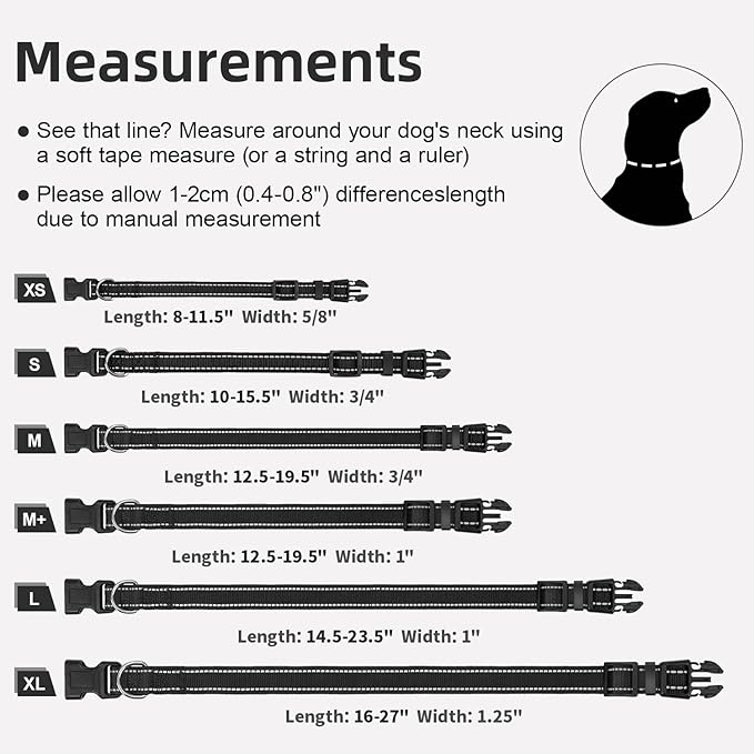Reflective Dog Collar for Mediunm Dogs, Adjustable Collar with Soft Neoprene Padded, Durable Buckle for Daily Walking,Black,M, 1" Width
