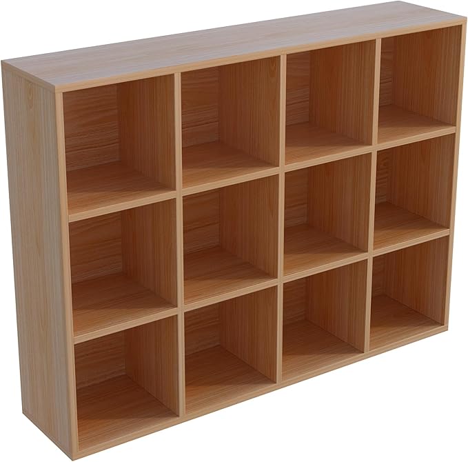 12-Cube Storage Shelf Bookcase - Wooden 3-Tier Floor Standing Open Bookshelf for Home and Office, Display Cabinet, Oak