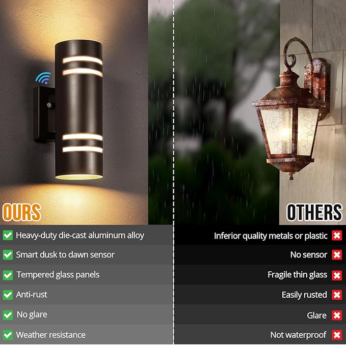 wowlite Dusk to Dawn Outdoor Lighting 2 Pack, Modern Outdoor Wall Lights Exterior ETL Listed, Oil Rubbed Bronze Cylinder Outdoor Sconce Lights, Waterproof Outside Lights for House Porch Garage
