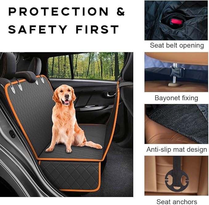 Dog Car Seat Cover, 600D Heavy Duty Waterproof Durable Auto Hammock for Pets, Scratch Proof Nonslip Dog Back Seat Protector Cover, Universal Car Accessories for SUVs Trucks (Orange)