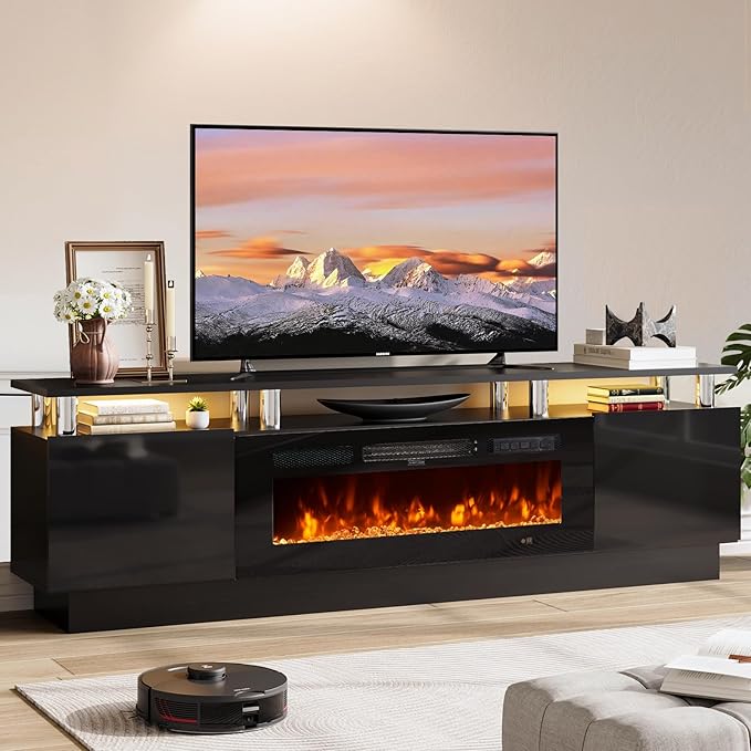 70" TV Stand for Living Room, Modern Entertainment Center & Media Console, Fits TVs up to 80", Storage Cabinet with Shelves, 36" Electric Fireplace with LED Flame (All Black)