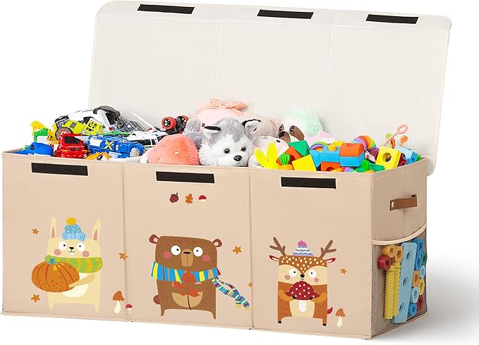 120L Large Toy Storage Box with Lid, Extra Large Toy Box Chest, Large Toy Box for Kids, Girls and Boys, Nursery Room and Living Room, 40"x13" x16" (Dark Khaki-animal)