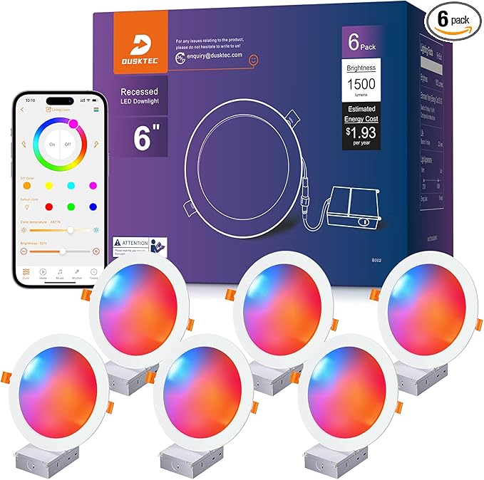 DUSKTEC Smart Recessed Lighting 6 Inch, RGBCW LED Recessed Ceiling Light Work with Alexa, Dimmable 16W 1500LM Canless Downlight with Junction Box for Living Room, 6 Pack