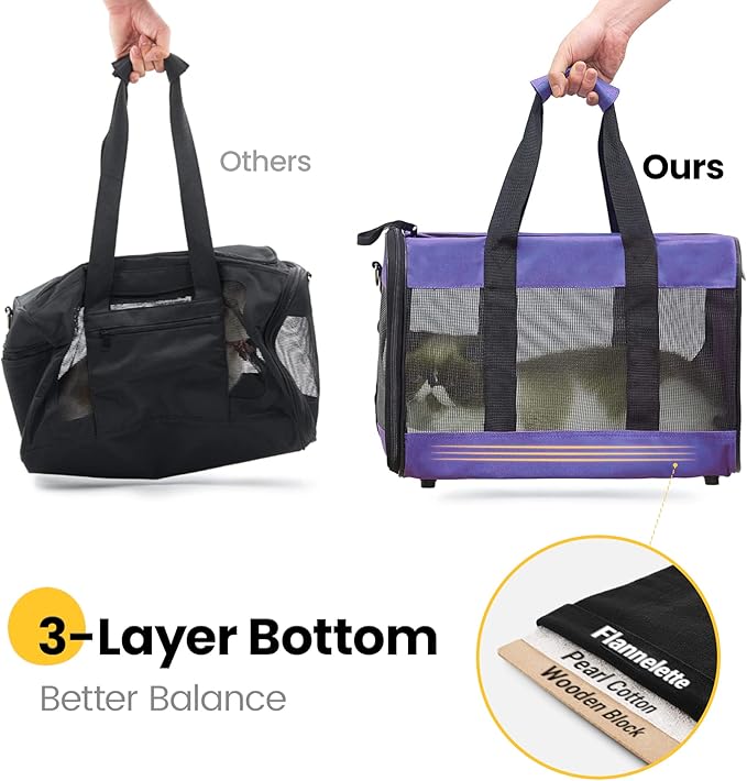Cat Carrier Airline Approved, Soft-Sided Dog Carrier with Inner Safety Leash, Pet Transport Carrier for Small-Medium Cats Puppies up to 15 Lbs, Collapsible Travel Kitten Carrier Bag -Purple M