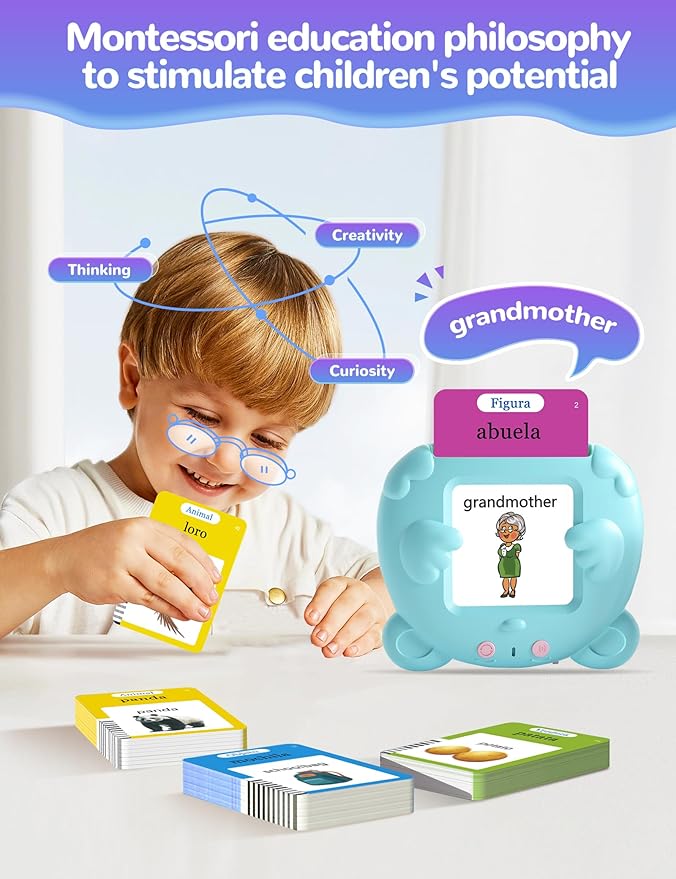Bilingual Talking Flash Cards for Toddlers, 224 Sight Words Spanish and English Learning Flashcards for Kids, Autism Pocket Speech Therapy Toys, Española Vocabulary
