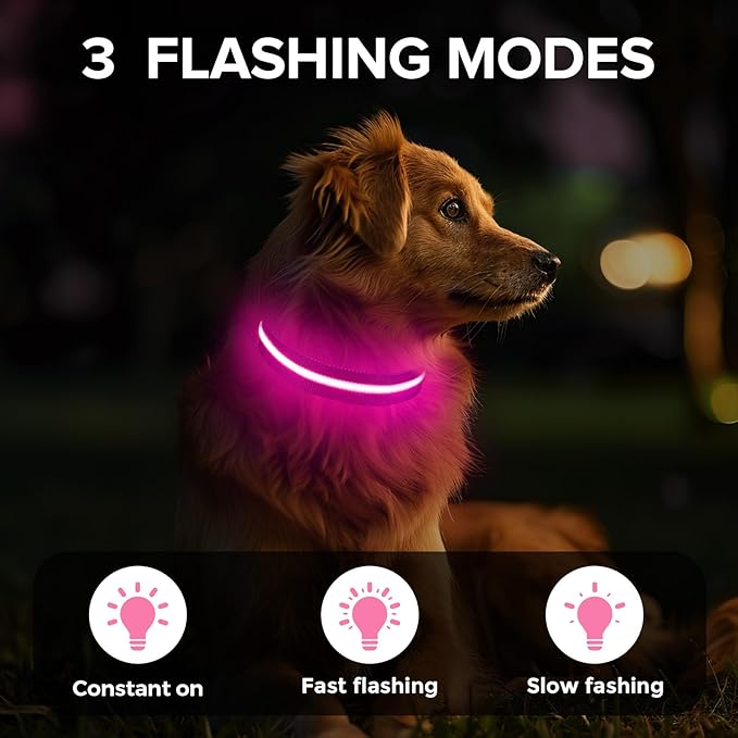 Light Up Dog Collar, Adjustable USB Rechargeable Glow in Dark Dog Collar ，Waterproof Dog Collars for Large Dogs (Pink, Large)