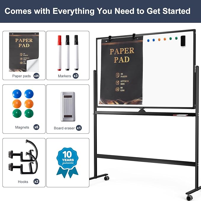 Dry Erase Whiteboard Easel on Wheels - TANKEE 48" x 32" Large Double Sided Mobile Whiteboard, Reversible Magnetic Rolling White Board for Home Office Classroom, Flip Chart Holders and Paper Pad
