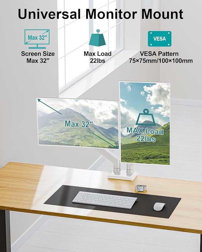 Dual Monitor Arm Desk Mount Fits 13 to 32 inch Computer Screens, Holds 4.4 to 22lbs Display VESA Mount, Adjustable Double Monitor Stand with Clamp/Grommet Base, 75/100mm Bracket, White, Freelift