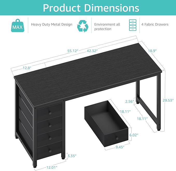 Lufeiya Gaming Desk with Fabric Drawers - 55 Inch Long Study Work Writing Reversible Computer Desk for Home Office Bedroom, Simple Modern Cute PC Desks with Drawer, Black