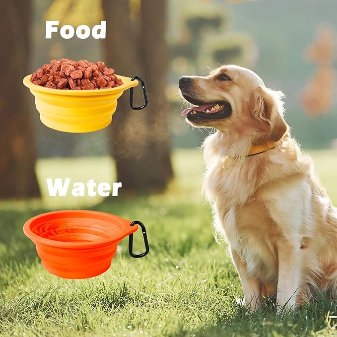 PetBonus 2-Pack Large Silicone Collapsible Dog Bowls, 34oz/1000ml BPA Free Portable Foldable Travel Bowl for Pet Cat, Food Water Feeding Dish for Camping with 2 Carabiners (Orange, Yellow)