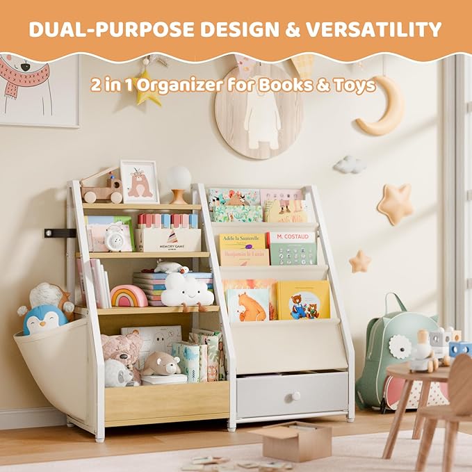Kids Bookshelf and Toy Storage - Book Shelf for Kids Rooms, Toddler Bookshelf Baby Bookcase for Nursery, Montessori Toy Organizer, Burlywood