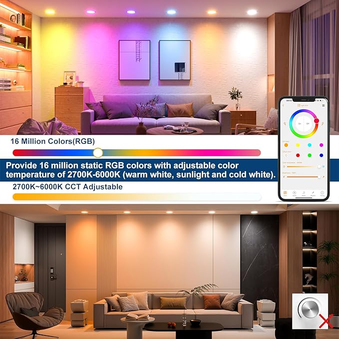 Smart Recessed Lighting 4 Inch RGBCW Color Changing 12W LED Downlight with Junction Box,1080 Lumen Recessed Ceiling Light Compatible with Alexa,Dimmable by Bluetooth Control -1Pack
