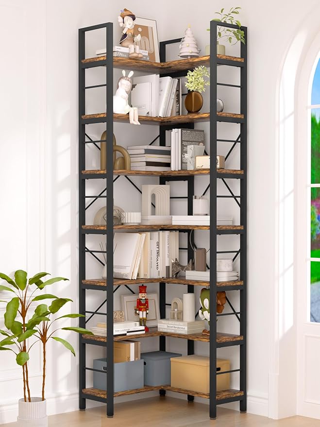 7-Tier Corner Bookshelf, Reversible Wooden Shelves, Industrial Bookcase with Open Shelves and Sturdy Metal Frame, Display Shelf Storage Rack for Living Room, Bedroom, Home Office (Rustic Brown)