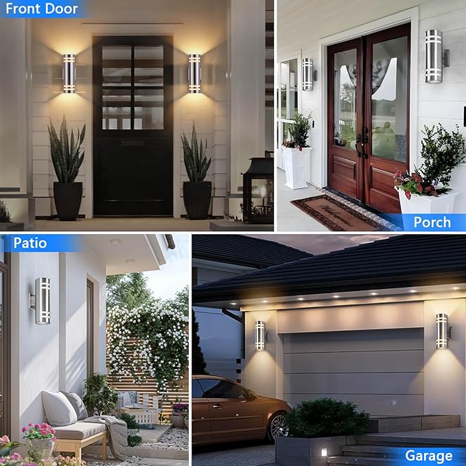 Dusk to Dawn Outdoor Wall Lights 2 Pack, Up Down Stainless Steel Exterior Lighting Fixtures with Photocell Sensor, Waterproof Outdoor Sconce Lights for House Porch Garage Patio, LED Bulbs Included