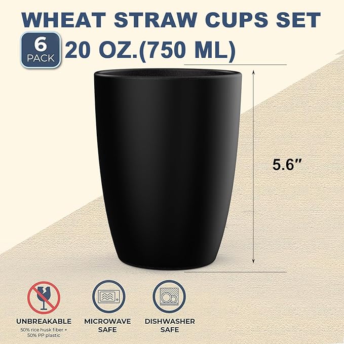 Wrova Wheat Straw Cups 6 PCS Good Alternative to Plastic Reusable Cups 20 oz Unbreakable Drinking Cup Reusable Dishwasher Safe Water Plastic Glasses Black
