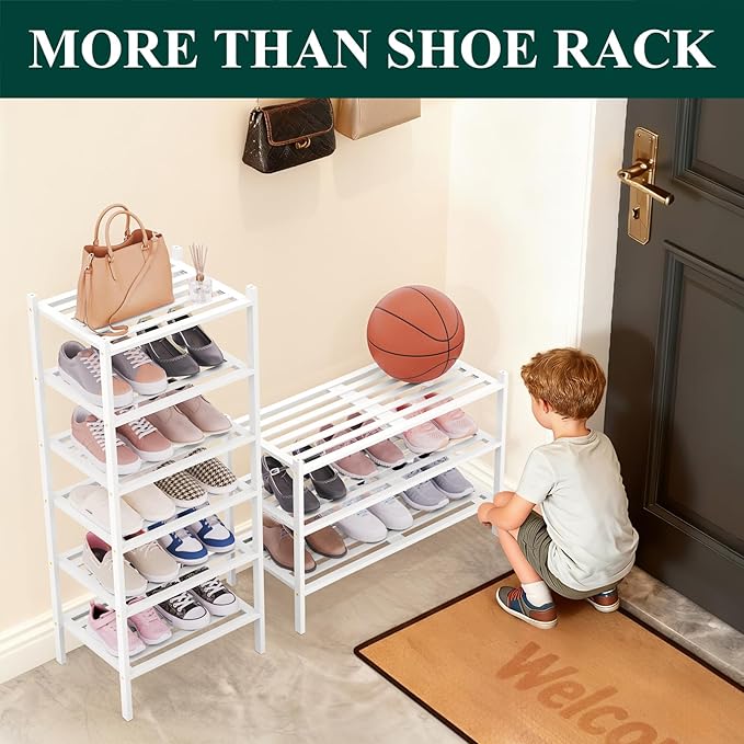 Smiry Long Bamboo Shoe Rack 2-Tier, Stackable Wooden Shoe Organizer for Entryway & Closet, Free Standing Wood Shoe Storage Shelf for Front Door & Small Spaces, White