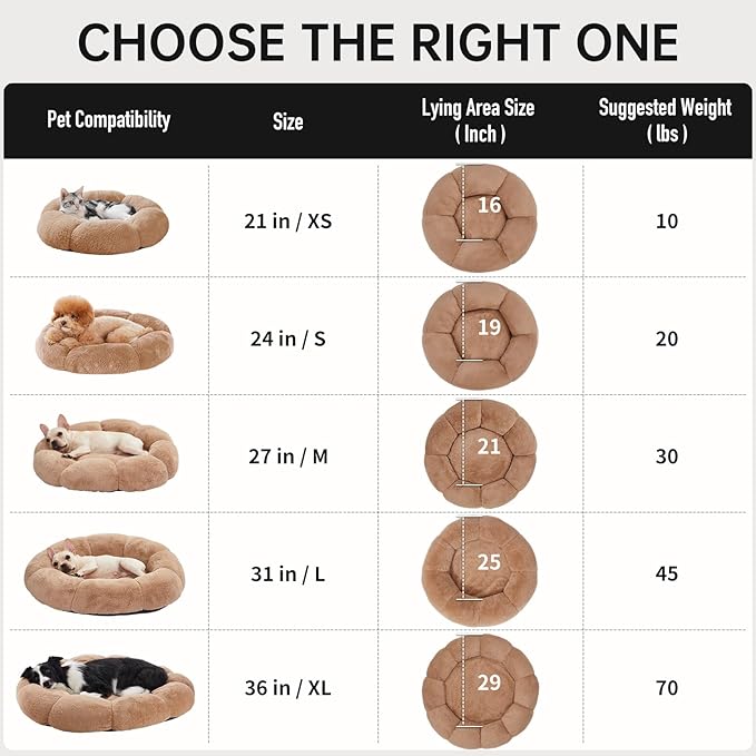 OhGeni 27 inches Calming Donut Dog & Cat Bed for Medium Pets, Warming Comfort Fluffy Short Pile Fur, Durable Machine Washable Round Bed, Cute Round Bed for Puppy and Kitten, Camel