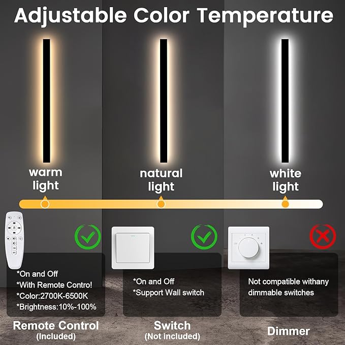 Outdoor Wall Light Fixture - 39inch Black Exterior Sconces, Outside Garage Exterior Lights, Dimmable Modern Outdoor Wall Mount Lighting for House, Porch, Patio, Front Door, Corridor