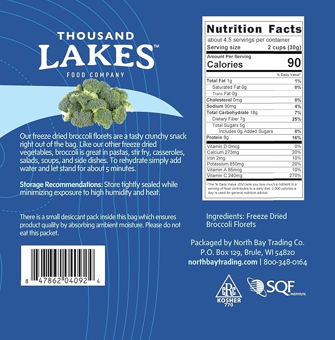 Thousand Lakes Freeze Dried Vegetables - Broccoli Florets - Bulk 5 ounces | 100% Florets - No Stems | No Salt Added