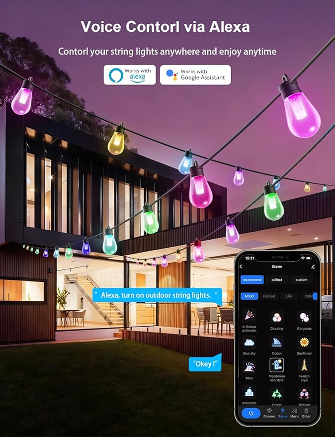 APPECK Outdoor String Lights, 150ft Smart RGBW Outdoor Patio Lights with 45 LED Bulbs, Extendable, 111 Scene Modes, IP65 Waterproof Lighting for Outside, Dimmable Warm White, Compatible with Alexa