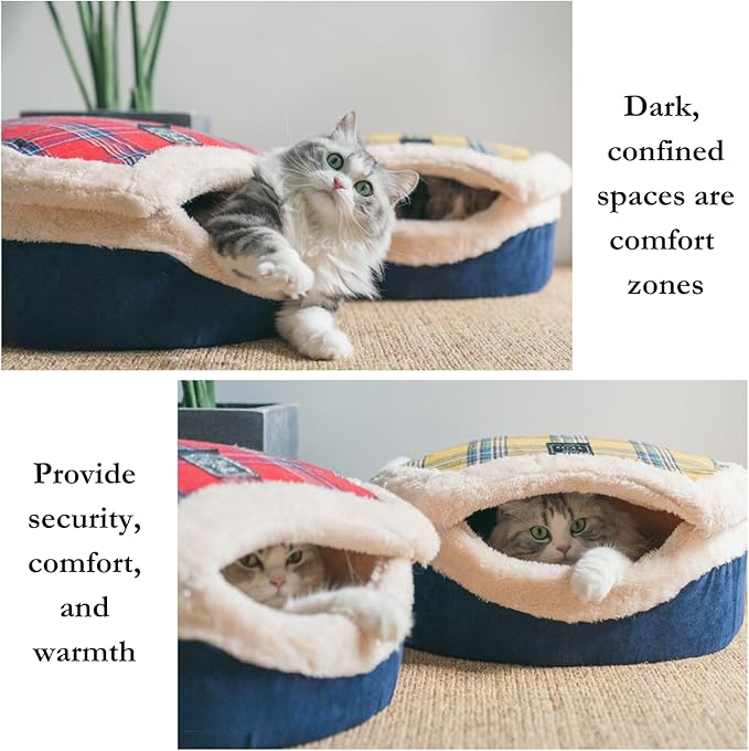 Cat Cave Bed ??Plush, Warm & Calming Hideaway with Detachable Lid & Mat, Covered House for Indoor Kitten & Kitty (Brown)
