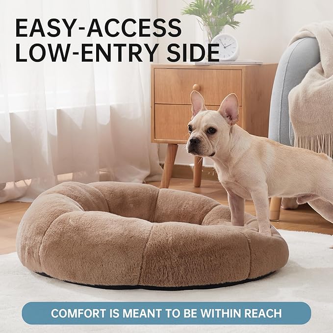 OhGeni 31 inches Calming Donut Orthopedic Dog & Cat Bed for Medium Pets, Warming Comfort Fluffy Short Pile Fur, Durable Waterproof Machine Washable Removable Cover, Cute Round Bed for Puppy, Camel