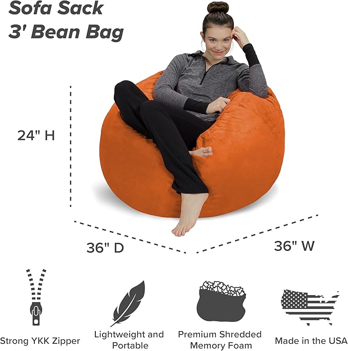 Sofa Sack Bean Bag Chair - Plush, Ultra Soft - Memory Foam Bean Bag Chair with Microsuede Cover - Stuffed Foam Filled Furniture and Accessories for Dorm Room 3 Feet - Tangerine