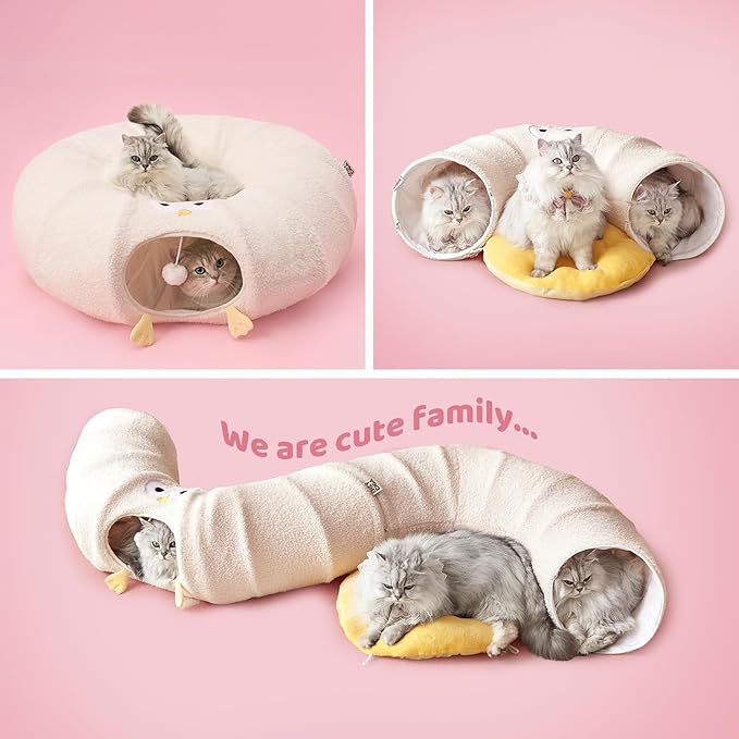EHEYCIGA Cat Tunnel Bed for Indoor Cats, Cute Cat Donut Toy Tunnel for Small Large Cats with Washable Circle Cushion, Peekaboo Pet Cave Play Tunnel for Kitten, Puppy, Rabbit