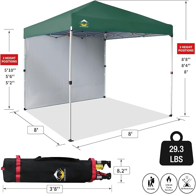 CROWN SHADES 8x8 Pop up Canopy Instant Canopy with 1 Removable Sidewall,4 Ropes & 8 Stakes, STO'N and Go Bag, Forest Green