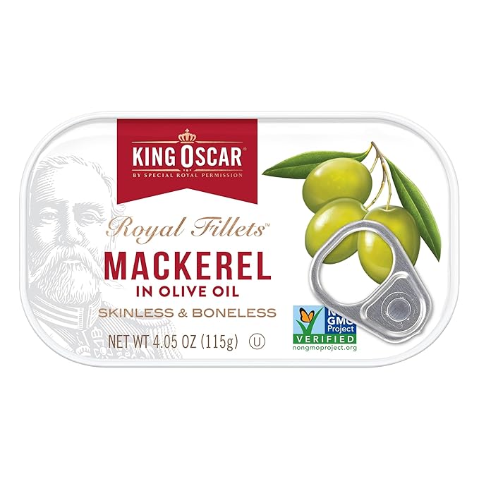 King Oscar Mackerel in Olive Oil, 4.05 Ounce Can (Pack of 12, Packaging May Vary), Skinless & Boneless, Wild Caught Canned Mackerel