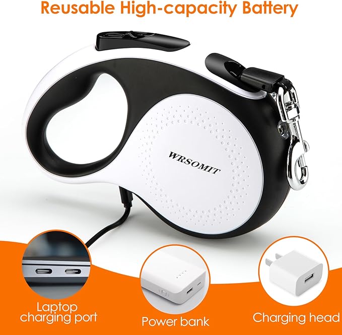 Retractable Dog Leash with Chew Proof Cable and LED Flashlight, 16Ft Heavy Duty Dog Leash for Medium Large Dogs up to 110lbs, 360째 No Tangle (White+16ft+LED)