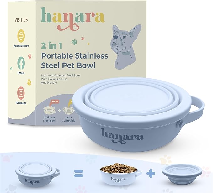 HANARA 2-in-1 Insulated Dog Bowl with Collapsible Lid & Handle ??Stainless Steel, Non-Slip Rubber Base ??Portable Pet Water & Food Bowl for Dogs & Cats ??30 OZ + 20 OZ ??Indoor & Outdoor (Blue)