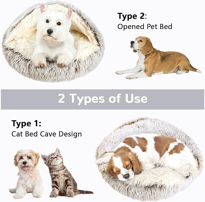 Calming Cat Beds, Fluffy Plush Round Cat Cave Washable, Cozy Warming Anti-Slip Small Dog Bed for Puppy and Kitten, Soft Anti Anxiety Pet Nest (24×24 inch, Coffee)