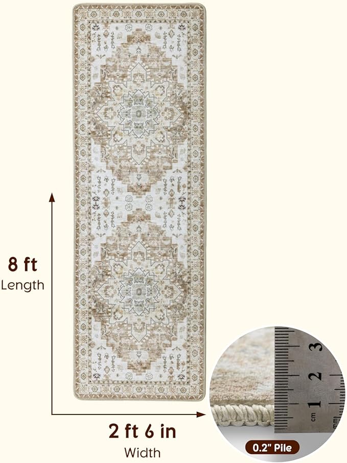 LBRO2M Boho Washable Runner Rug 2'6“X8’ Cream Washable Hallway Runner Rugs Non Slip Low Piles Rugs, Soft, Area Rug Runners for Hallways, Bedroom, Kitchen Laundry Room (2'6"X8', Cream)