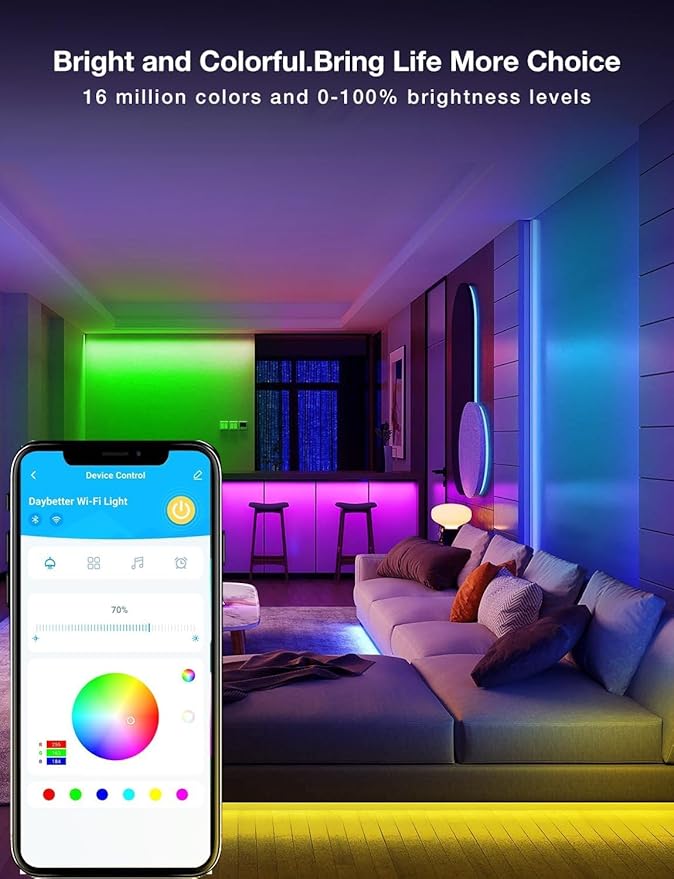 DAYBETTER Smart WiFi Led Lights 100ft - Led Strip Lights Work with Alexa and Google Assistant RGB Strip Lighting Music Sync Color Changing with App Voice Remote Control for Room Bedroom Decor 50ft*2