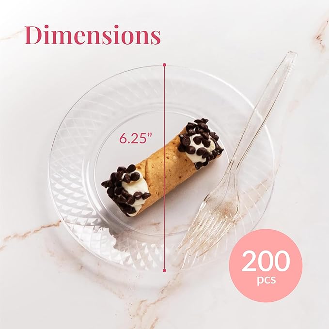 Prestee 200 Clear Dessert Plates - Disposable Heavy Duty, 6.25 Inch Elegant Wedding Cake Plates, Durable Round Party Plate for Appetizers and Events, Premium Small Plate for All Occasions
