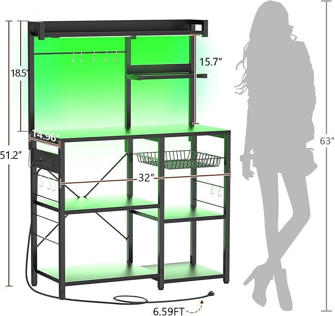 Aheaplus Bakers Rack with Power Outlet and LED Light Strings, Microwave Oven Stand Kitchen Storage Shelf with Wire Basket, Coffee Bar Station Island Table with 10 Hooks for Spices, Pots, Pans, Black