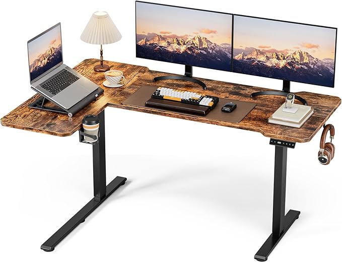 59 Inch L Shaped Standing Desk Adjustable Height, Electric Corner Standing Desk, Sit Stand Computer Table with Reversiable Splice Board, Rustic Brown