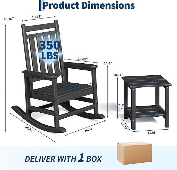 Poly Lumber Rocking Chair Outdoor Set of 2 with Side Table - HDPE High Back Porch Rocker Chairs for Adults - All Weather Resistant Furniture for Patio - Black
