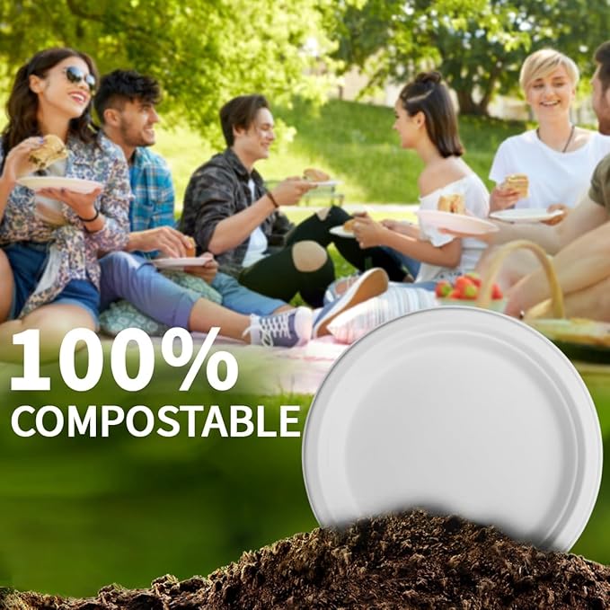7 Inch Compostable Paper Plates 【White 150 Pack】, 100% Sugarcane Bagasse Small Dessert Plates, Bulk Disposable Plates, Sturdy Heavy Duty, Biodegradable Dinnerware for Party, Picnic, BBQ