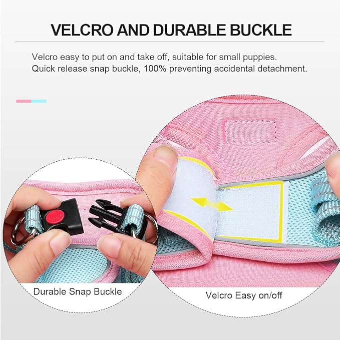 Mercano Soft Mesh Dog Harness and Leash Set, No-Chock Step-in Reflective Breathable Lightweight Easy Walk Vest Harnesses with Safety Buckle for Small Dogs, Cats (XXS, Pink Blue)
