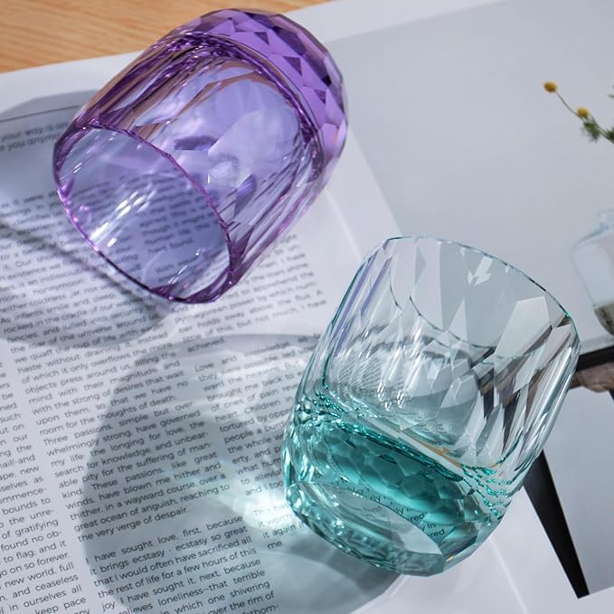 KAMMAK Crystal Whiskey Glasses Set of 2, 7oz Old Fashioned Glasses Stemless, Hand Blown Colored Cocktail Glasses, Engagement Gifts for Couples, Women, Men
