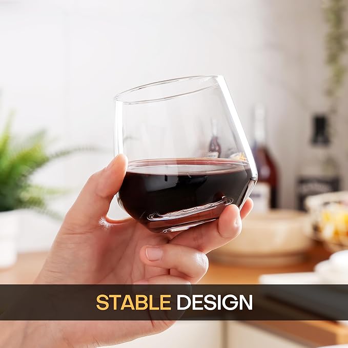 Stemless Wine Glasses Set of 6, 13.5oz Red White Wine Glasses for Daily Use, Hosting, Home Bar, Evening Party, Birthdays, Housewarming Gift, Clear