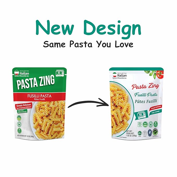 Pasta Zing Fusilli Pasta ??Fully Cooked Spiral Pasta, Microwaveable in 60 Seconds, Made with 100% Italian Durum Wheat, Non-GMO, Halal & Kosher Certified, No Preservatives ??7.05 oz (Pack of 7)