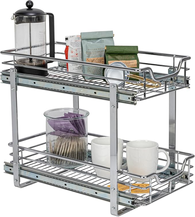 Household Essentials Glidez Multipurpose Chrome-Plated Steel Pull-Out/Slide-Out Storage Organizer for Under Cabinet Use - 2-Tier Design - Fits Standard Size Cabinet or Shelf, Chrome