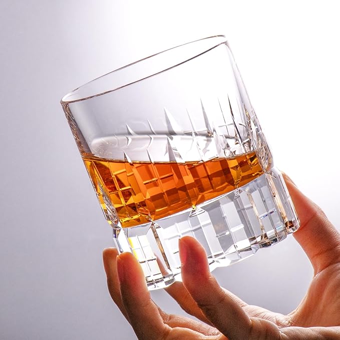 KAMMAK Crystal Whiskey Glasses Set of 2, Luxury 7.78oz Old Fashioned Glasses Stemless, Hand Blown Cocktail Glasses, Handcrafted Cut Scotch Cup for Women, Men Gift for Bourbon Barware, Home Bar