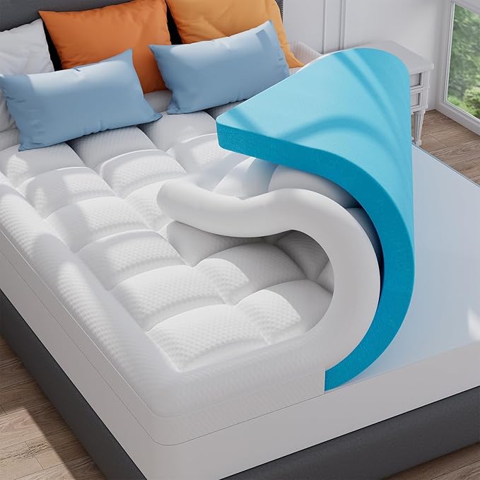 ELEMUSE Full XL Dual Layer 3 Inch Memory Foam Mattress Topper, 2 Inch Cooling Gel Memory Foam and 1 Inch Thick Soft Pillow Top Mattress Pad Cover for Back Pain Relief, Side Sleep Bed Topper