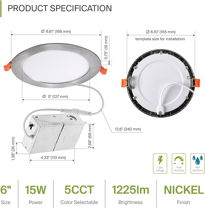 ASD 6 Pack LED Recessed Lighting 6 Inch 15W, 5 CCT 2700K-5000K CRI90+, IC Rated Ultra Thin Dimmable Ceiling Lights with J Box, Canless Wafer Downlight, Round Slim Panel Light, UL Energy Star, Nickel