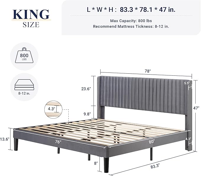 Allewie King Size Velvet Bed Frame/Vertical Channel Tufted Wingback Headboard/Upholstered Platform Bed/No Box Spring Needed/Strong Wooden Slats/Easy Assembly/Grey