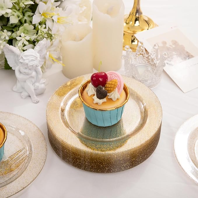 WELLIFE 60PCS Gold Glitter Dessert Plates and 60PCS Plastic Forks, 6.3 inch Disposable Dessert Plates for 60 Guests, Durable Gold Glitter Cake Plate, Perfect for Party